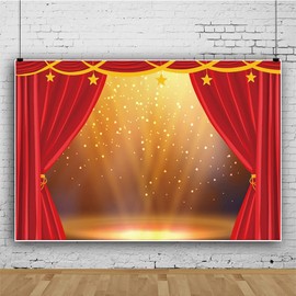 10x8ft Theater Red Stage Backdrop Golden Stage Lights Glitter Photography Background Red Curtains Golden Stars Festival Celebration Happy Birthday Party Children Adults Portraits Photo Studio Props