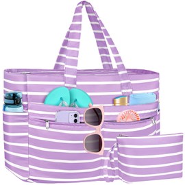 WACCET XXL Family Beach Bag, Large Waterproof Beach Bag for Women, with Zip, Foldable Lightweight Swimming Bag with Multiple Pockets, Beach Bag, Tote Bag for Beach, Travel, Holiday, Pool, Purple