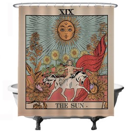 Ulticool Shower Curtain - Sun Nature Flowers Tarot Horoscope Vintage Retro - 180 x 200 cm - Washable - Anti Mould - Waterproof - with 12 Rings - Terra Cotta