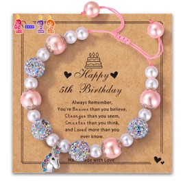 Alissl Unicorn Birthday Gifts for Girls, Adjustable Pink Pearl Bracelet Christmas Gifts for 5 Year Old Daughter Niece Granddaughter Teen Girls