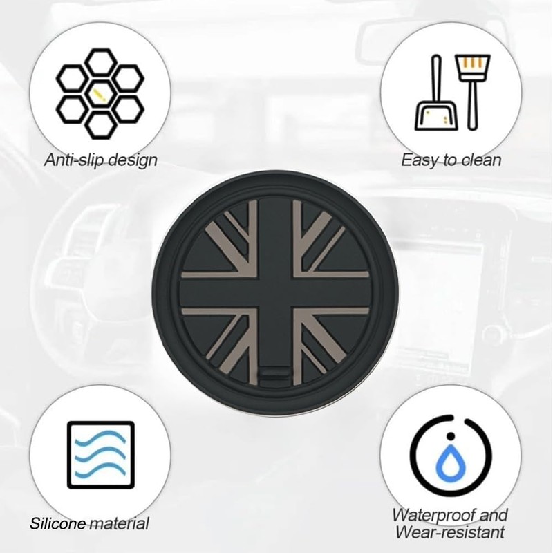 3PCS Car Cup Holder Coasters, Grey Union Jack UK Flag