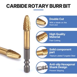 HUHAO Carbide Rotary Burr Bit,Double Cut Carving Burr 1/4" Hex Shank Die Grinder Cutting Burr for Metal Rotary Tool,DIY Wood-Working Carving,Soft Metal Grinding Drilling Polishing,1pc