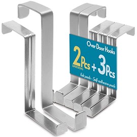 4smile Over The Door Hooks, 3 + 2 Pack - Stainless Steel Door Hanger with Foam + Adhesive Pads - Z-Shaped Metal Door Hooks for Hanging on Different Door Widths, Rust Free