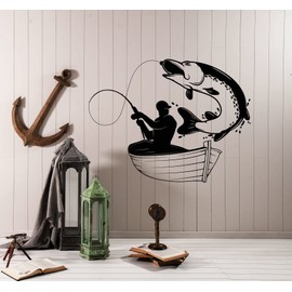 Vinyl Wall Decal Hunting and Fishing Club Big Fish Fisherman On a Boat Stickers (4418ig) Black