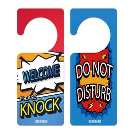 GEEKBEAR Do Not Disturb Door Hanger Sign (10. Comic) – 2 Pack - Reversible and Double Sided Privacy Office Sign - Please Do Not Disturb on Front and Welcome Please Knock on Back Side - Ideal for Office Home Clinic Dorm Online Class and Meeting Session