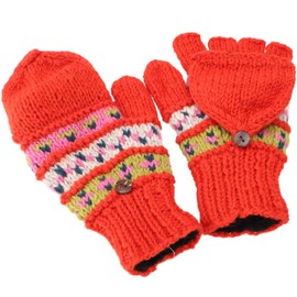 GURU SHOP Nepal Hand Knitted Gloves, Fold-Up Gloves, Wool Gloves, Men/Women, Purple, Wool, Size: One Size, Rust orange