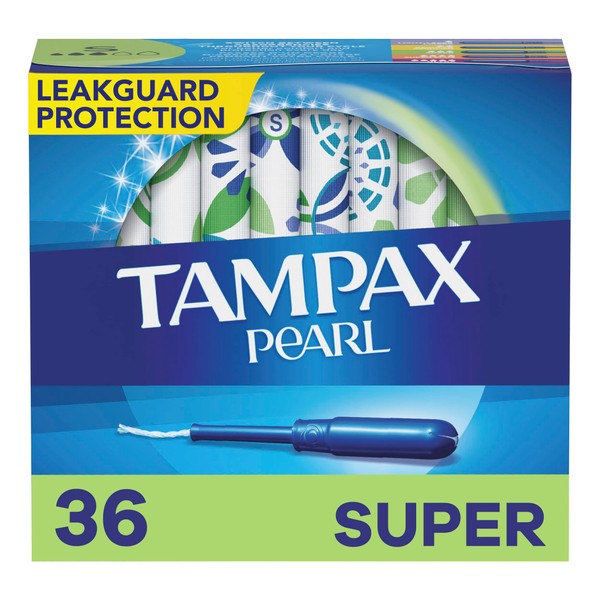 Tampax Pearl Tampons Super Absorbency, With Leakguard Braid, Unscented, 36 Count