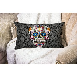 Smooffly Sugar Skull Lumbar Pillow Cover 12x20 Inch Oblong Cotton Linen Decorative Throw Pillow Cover Cushion Case for Sofa Couch Home Farmhouse Decor