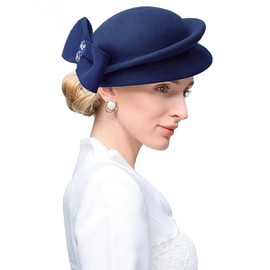 ELLYDOOR Wool Fascinator Hat Winter Wool Felt Berets Hat for Women Wedding Church Hat Rhinstone Bow Fedoras 025 Navy Blue
