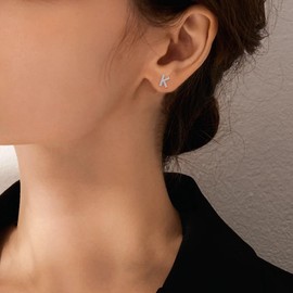 AILUOR Initial Stud Earrings for Women, Sterling Silver CZ Initial Letter Stud Earrings for Women 14K Gold Plated Simulated Diamond Hypoallergenic Alphabet Letter Initial Earrings for Women Birthday Gifts Jewelry (Silver, Initial K)