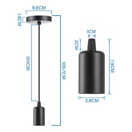 Vecys E27 Black Metal Lampada a Sospension, Lamp Suspension Lamp Holder, Ceiling Light Accessory with 100 cm Regolabile Cavo, Ideal for Ceiling Lighting (Pack of 2)