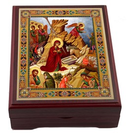 Needzo Nativity of Christ Holy Family Icon Box Wooden for Rosary Prayer Beads Keepsake Holder 3 3/4 Inch, Christmas Decoration Gift