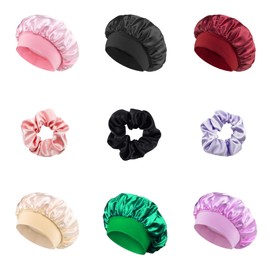 6PCS Satin Bonnets for Sleeping,Silky Hair Bonnet Large Braids Bonnet Wide Band Hair Bonnets for Women Braids Curly Hair with 3pcs Hair Ties(#C-Black,Pink,Beige,Blackish Green,Light Purple,Wine Red)