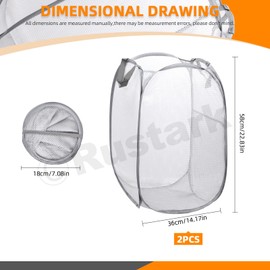 Rustark 2Pcs Gray Mesh Pop Up Laundry Hampers Foldable Lightweight Laundry Baskets with Durable Handles Collapsible Dirty Clothes Laundry Bin for Bedroom Dormitory Travel Storage
