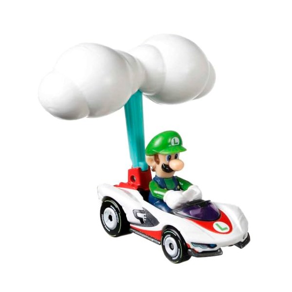 Hot Wheels Die-Cast Mario Kart Luigi in P-Wing Kart with Cloud Glider