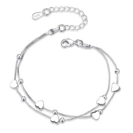 ALEXCRAFT Silver Bracelets for Women Girls, Adjustable Classic Heart Bead Layered Bracelet Lady Jewelry Gifts 17+5cm