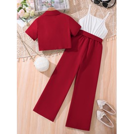 Hilinker Girl's 2 Piece Outfits Short Sleeve Blazer Belted Wide Leg Sleeveless Jumpsuit Sets Red White 13-14Y