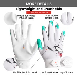 FINGER TEN American Football Gloves Youth Kids Ultra Tack Sticky Non-Slip Palm Receivers, Rugby Gloves Flexible Stretch Protection Waterproof Professional Fit Age 5-14 (Green,Large)