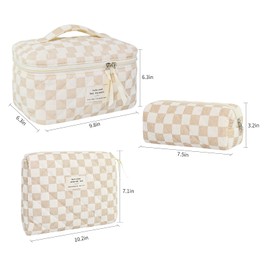 3Pcs Makeup Bag Cotton Quilted Travel Cosmetic Bag Cute Floral Makeup Pouch Large Toiletry Bag for Women Girls, Corduroy checkerboard