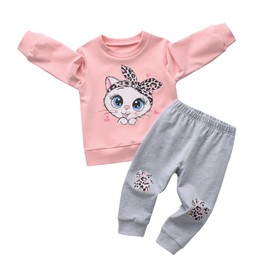 Toddler Baby Girls Clothes Outfits Infant Cat Print Sweatshirt Pullover Tops Long Pants Fall Winter 2PCS Set Pink 12-18 Months