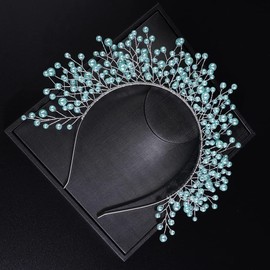 JWICOS Vintage Wedding Pearl Beads Tiara Hair Crown Handmade Bride Headband Bridal Pearl Head Pieces for Wedding Prom Birthday (Blue)