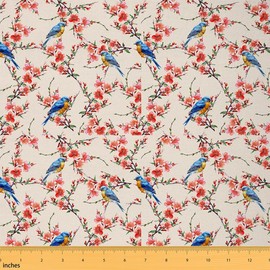 Feelyou Tela de pájaros por The Yard, tela de tapicería floral de pájaros lindos para sillas, flores de la naturaleza, ramas de árbol, tela decorativa impermeable al aire libre, 1 yarda, rojo azul