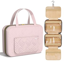 Hanging Travel Toiletry Bag with Hook, 4 Sections Toiletry Bag Travel Bag Water-Resistant Travel Cosmetic Bag Foldable Hygiene Bag for Toiletries, Cosmetics, Makeup, Brushes, Shower (Pink)