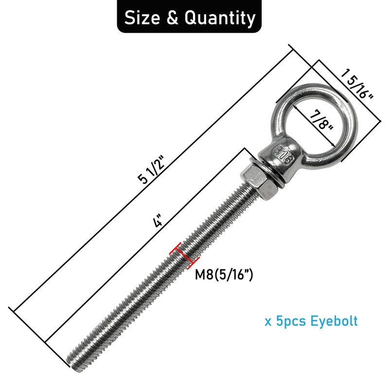CUKAYO Eye Bolts, 5pack 5/16 x 4 Inch Heavy Duty