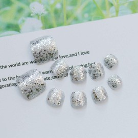 Yienate 24pcs Fashion Fashion Fashion Exquisite Glitter Bridal Aurora Silver False Toe Nail Full Cover Nail Tips Toe Nail Tips Toe Nail Tips Toe Nail Tips