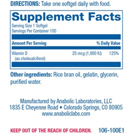 Anabolic Laboratories Vitamin D3 1,000 IU (25 mcg) - 100 Vitamin D Softgels for Bone, Immune, and Cellular Health - Mega D Supplement