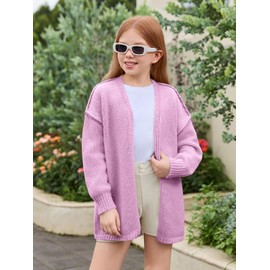 Haloumoning Girls Oversized Cardigan Sweaters Kids Fashion Open Front Long Sleeve Knit Sweater 5-14 Years Purple
