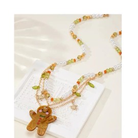 Unbranded CHRISTMAS GINGERBREAD MAN ACRYLIC CRYSTAL BEAD GOLD TONE LAYERED NECKLACE