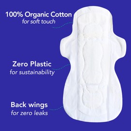 MARLOW 100% Organic Cotton Pads - Free from plastic, fragrance, dyes, chlorine-bleaching, Ultra Soft, Leak Proof, Super Absorbent with extra sticky wings (Night Time), White
