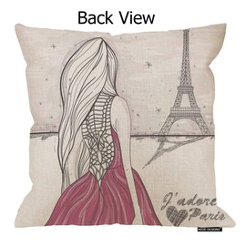 HGOD DESIGNS Eiffel Tower， Throw Pillow Cushion Cover,Romantic Paris Girl in A Pink Dress Looks at Eiffel Tower Cotton Linen Polyester Decorative Home Decor Sofa Couch Desk Chair Bedroom 16x16inch