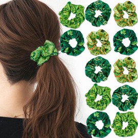 HOMEZZO 12 Pcs St. Patrick's Day Hair Scrunchies, Green Shamrock Print Elastic Silk Satin Hair Ties Ropes Irish Holiday Ponytail Holder for Women Girls Hair Accessories