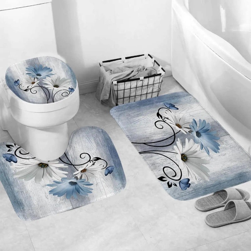 4-Piece Blue Daisy Flowers Waterproof Blackout Polyester Shower Curtain Set