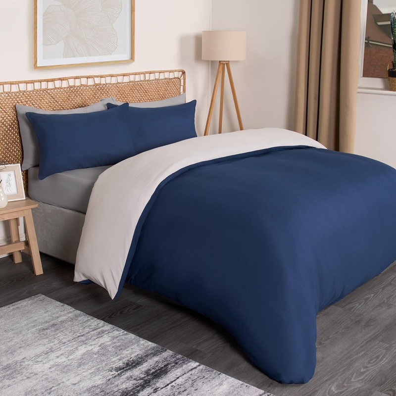 Brentfords Bedding Double Bed Set, Reversible Navy/Grey Luxury Hotel Quality
