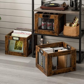 TEMI Vinyl Record Storage Crate – Large Wooden Record Holder for 70+ Albums – Industrial-Style Record Organizer and Durable Record Storage Solution for Home or Studio, Rustic Brown