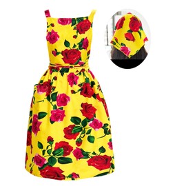 Vintage Pinafore Floral Apron Dress with Headscarf Set Adjustable Cross Back with Pocket for Kitchen Baking Gardening, Yellow Rose, Medium