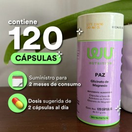 Wu Nutrition® Paz | Glicinato De Magnesio | 120 Cápsulas Sabor Sin sabor