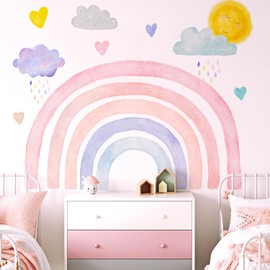 Kingarch Large Boho Rainbow Wall Decals, Clouds Sun Hearts Peel and Stick Fabric Nursery Wall Decor, Removable Home Room Wall Decor Murals Stickers for Kids Girls Toddler Bedroom Living Room Playroom