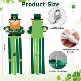 47 Inches St. Patrick's Day Leprechaun Windsock Decoration, Green Hanging Outdoor Windmill Decor with Shamrock Designs, Festive Irish-Themed Wind Sock Ornament for Garden, Patio, and Yard