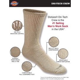 Dickies Men's Dri-Tech Essential Moisture Control Crew Socks Multipack, Essential Worker Khaki (6 Pairs), Large