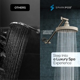 SparkPod Round Rain Shower Head with Shower Head Extension Arm - High Pressure Rain - Luxury Modern Look - No Hassle Tool-less 1-Min Installation (16" Shower Arm Extension, Brushed Nickel Finish)