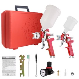 HVLP Air Gravity Spray Gun Set, 2 Pcs Sprayer Paint Gun Kit, 0.8mm 125ml & 1.4mm 600ml Automotive Paint Gun with Locking Air Pressure Regulator Gauge for Furniture, Car, Fence,Model Making (Red)