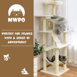 MWPO 63.8 inches Multi-Level Cat Tree for Large Cats with Sisal-Covered Scratching Posts, Padded Platform, Hammock and Condo,Stable Cat Tower Cat Condo Pet Play House-Smoky Gray