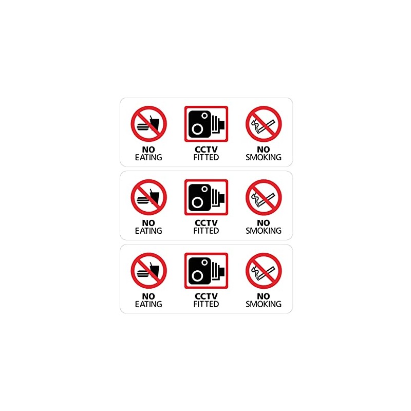 3x No Eating, CCTV Fitted, No Smoking Sticker Sign 125x50mm