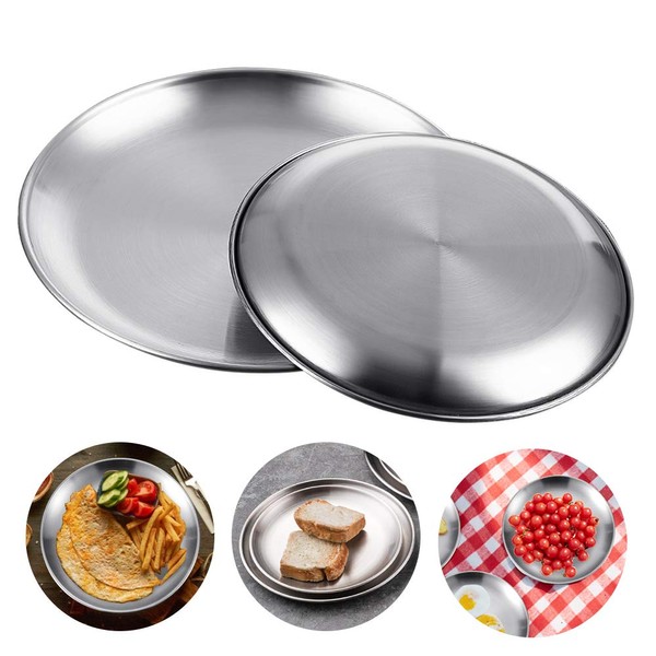 KBNIAN 2 Pieces Stainless Steel Round Tableware Silver Saucer Stainless Steel Plate Serving Plate 2 Different Sizes of Stainless Steel Plate for Camping, Kitchen, Party (Diameter 20 cm / 23 cm)