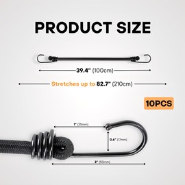 Heavy-Duty Bungee Cords with Reinforced Hooks on Both Ends – Set of 10 – Multi-Pack for Outdoor, Camping, and Cargo – Durable, UV-Resistant, Versatile Tie-Downs, DIY (100cm (39.4"))