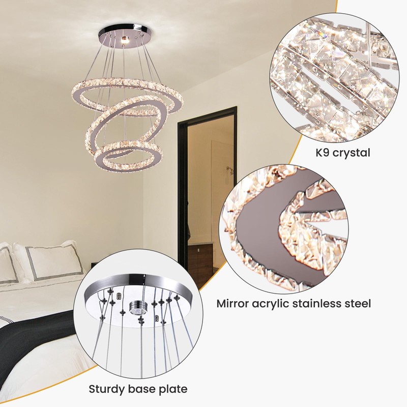 CLAIRDAI Modern Crystal Chandeliers Adjustable Crystal 3 Ring LED Ceiling